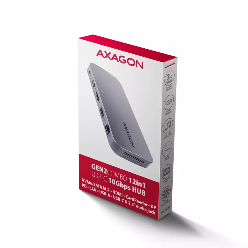 Axagon HMC-12GM2, Hub USB 10Gbps, 3x USB-A, USB-C, HDMI, DP, RJ-45, M.2, SD/mSD, Áudio, PD