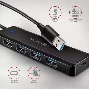 Axagon HUE-C1A Hub TRAVEL 4x USB 5Gbps, entrada de energia USB-C, cabo USB-A de 19 cm