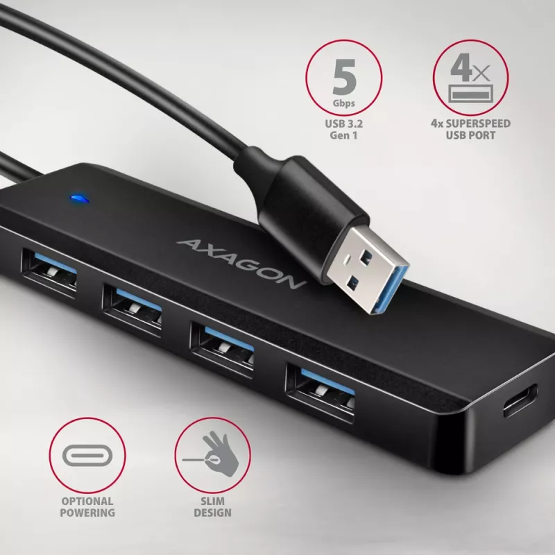Axagon HUE-C1A Hub TRAVEL 4x USB 5Gbps, entrada de energia USB-C, cabo USB-A de 19 cm