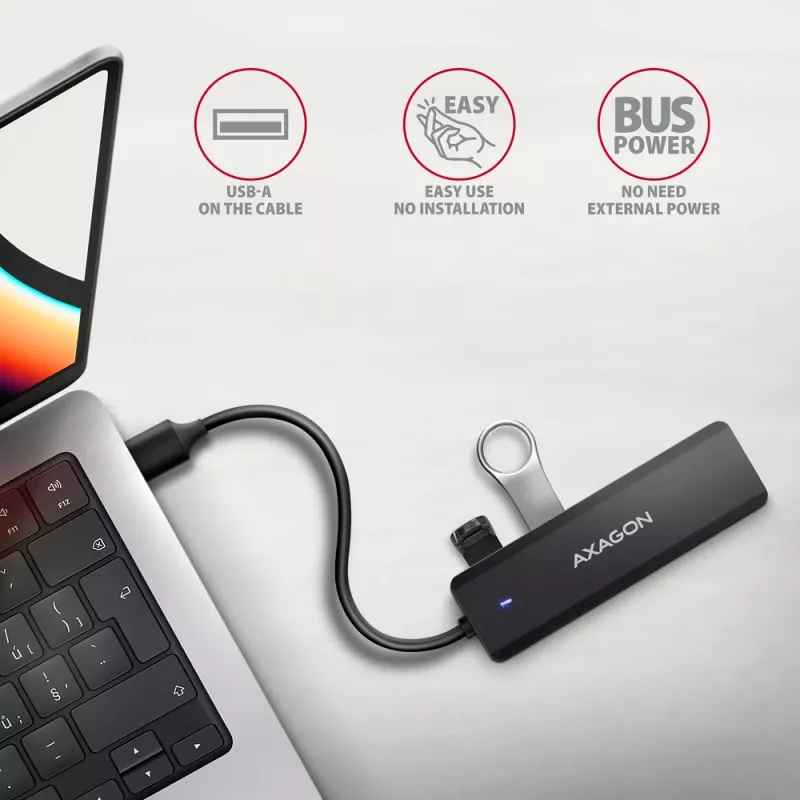 Axagon HUE-C1A Hub TRAVEL 4x USB 5Gbps, entrada de energia USB-C, cabo USB-A de 19 cm