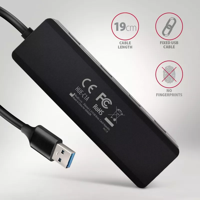 Axagon HUE-C1A Hub TRAVEL 4x USB 5Gbps, entrada de energia USB-C, cabo USB-A de 19 cm