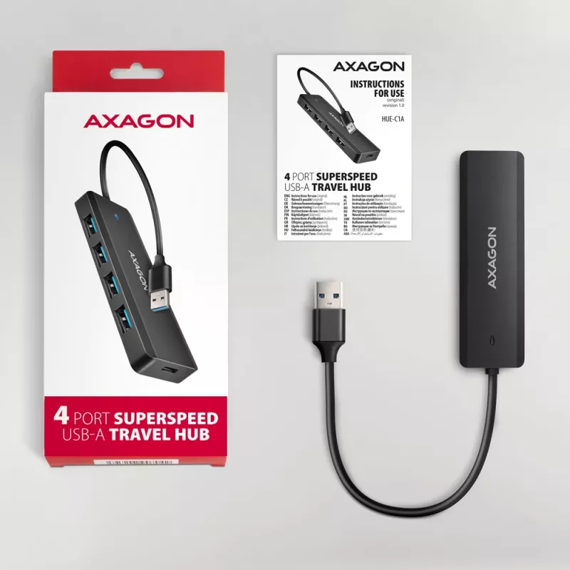 Axagon HUE-C1A Hub TRAVEL 4x USB 5Gbps, entrada de energia USB-C, cabo USB-A de 19 cm