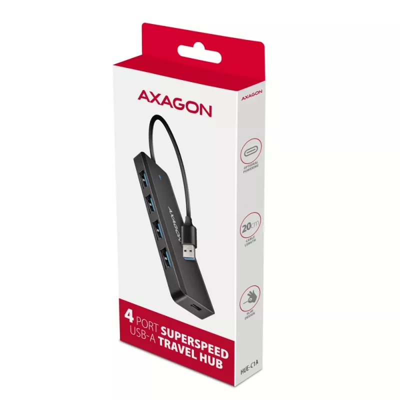 Axagon HUE-C1A Hub TRAVEL 4x USB 5Gbps, entrada de energia USB-C, cabo USB-A de 19 cm
