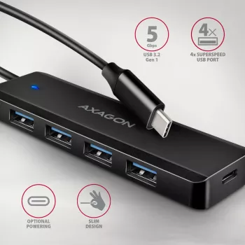 Axagon HUE-C1C Hub TRAVEL 4x USB 5Gbps, entrada de energia USB-C, cabo USB-C de 19 cm