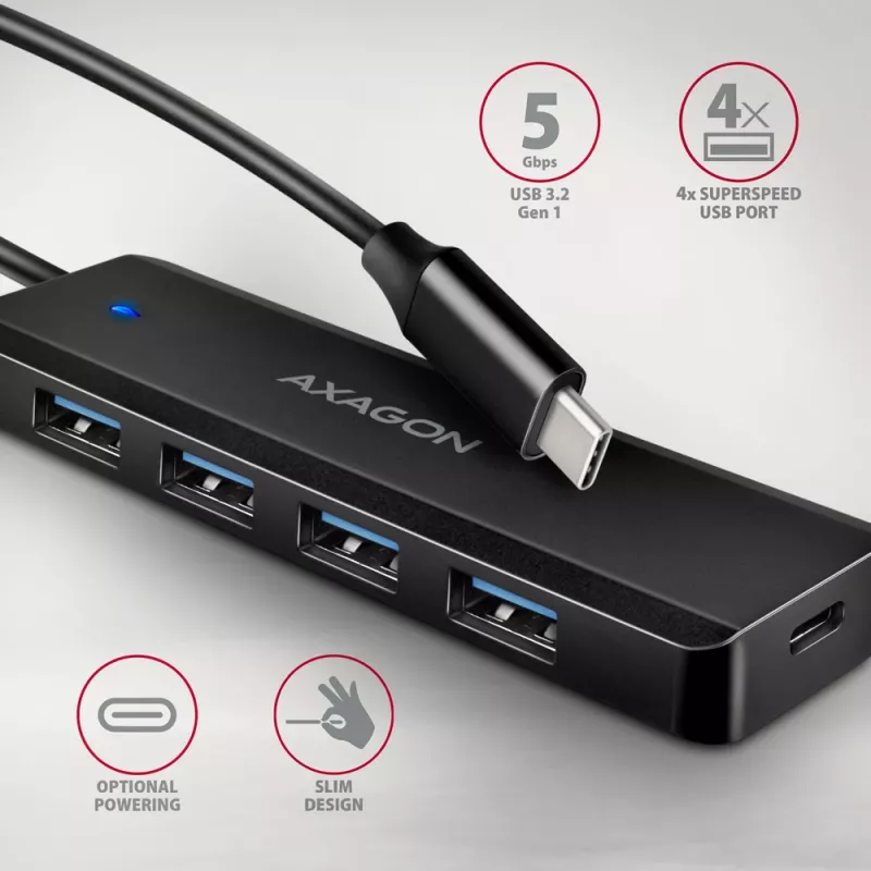 Axagon HUE-C1C Hub TRAVEL 4x USB 5Gbps, entrada de energia USB-C, cabo USB-C de 19 cm