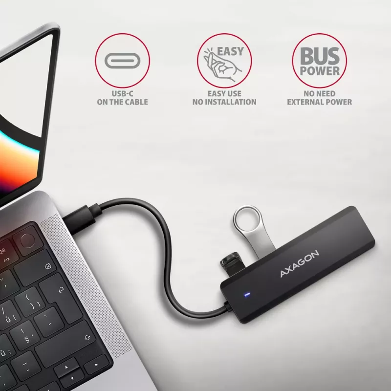 Axagon HUE-C1C Hub TRAVEL 4x USB 5Gbps, entrada de energia USB-C, cabo USB-C de 19 cm