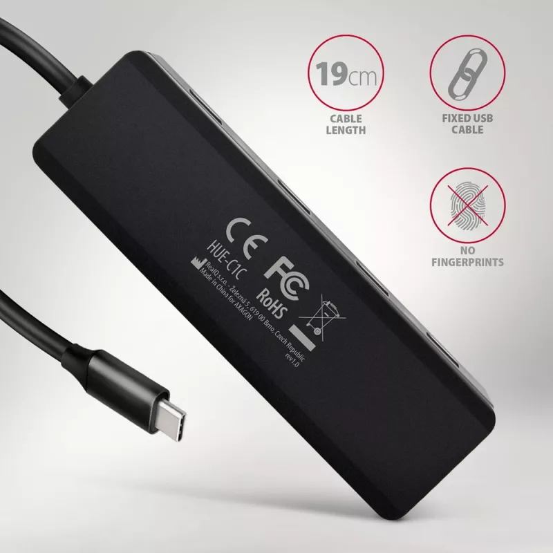 Axagon HUE-C1C Hub TRAVEL 4x USB 5Gbps, entrada de energia USB-C, cabo USB-C de 19 cm