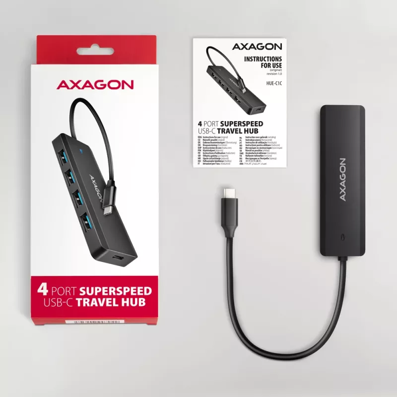 Axagon HUE-C1C Hub TRAVEL 4x USB 5Gbps, entrada de energia USB-C, cabo USB-C de 19 cm
