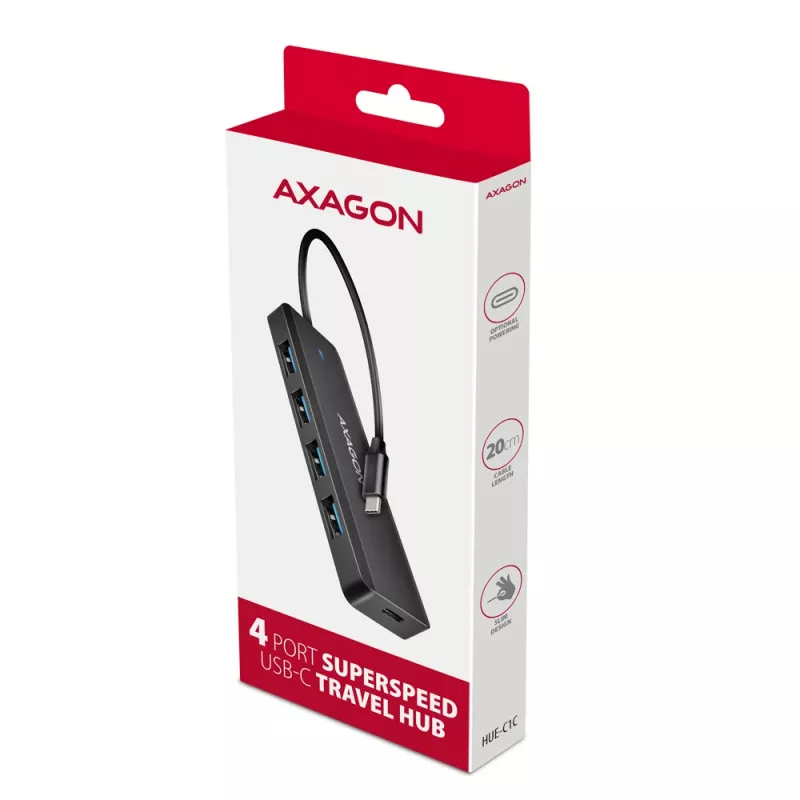 Axagon HUE-C1C Hub TRAVEL 4x USB 5Gbps, entrada de energia USB-C, cabo USB-C de 19 cm