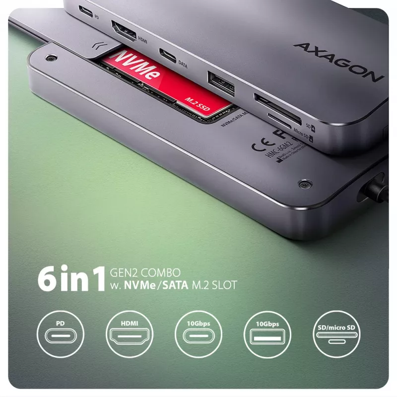 Axagon HMC-6GM2 Hub USB 10Gbps USB-A USB-C HDMI M.2 SD/mSD PD 100W cabo USB-C com fios USB 3.2 Gen 2 (3.1 Gen 2) Type-C cinzento