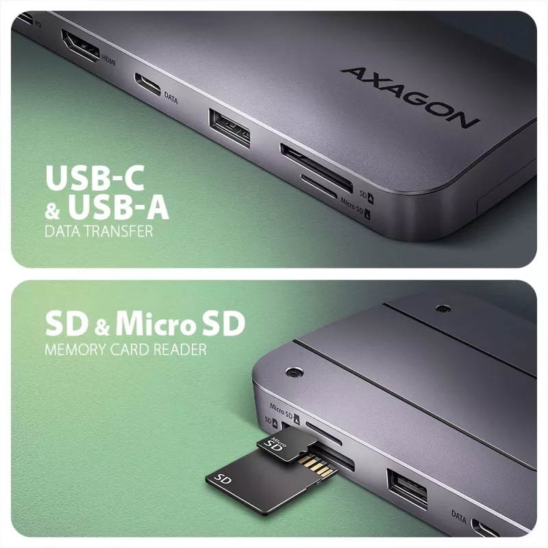Axagon HMC-6GM2 Hub USB 10Gbps USB-A USB-C HDMI M.2 SD/mSD PD 100W cabo USB-C com fios USB 3.2 Gen 2 (3.1 Gen 2) Type-C cinzento