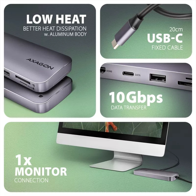 Axagon HMC-6GM2 Hub USB 10Gbps USB-A USB-C HDMI M.2 SD/mSD PD 100W cabo USB-C com fios USB 3.2 Gen 2 (3.1 Gen 2) Type-C cinzento
