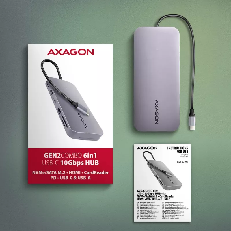 Axagon HMC-6GM2 Hub USB 10Gbps USB-A USB-C HDMI M.2 SD/mSD PD 100W cabo USB-C com fios USB 3.2 Gen 2 (3.1 Gen 2) Type-C cinzento