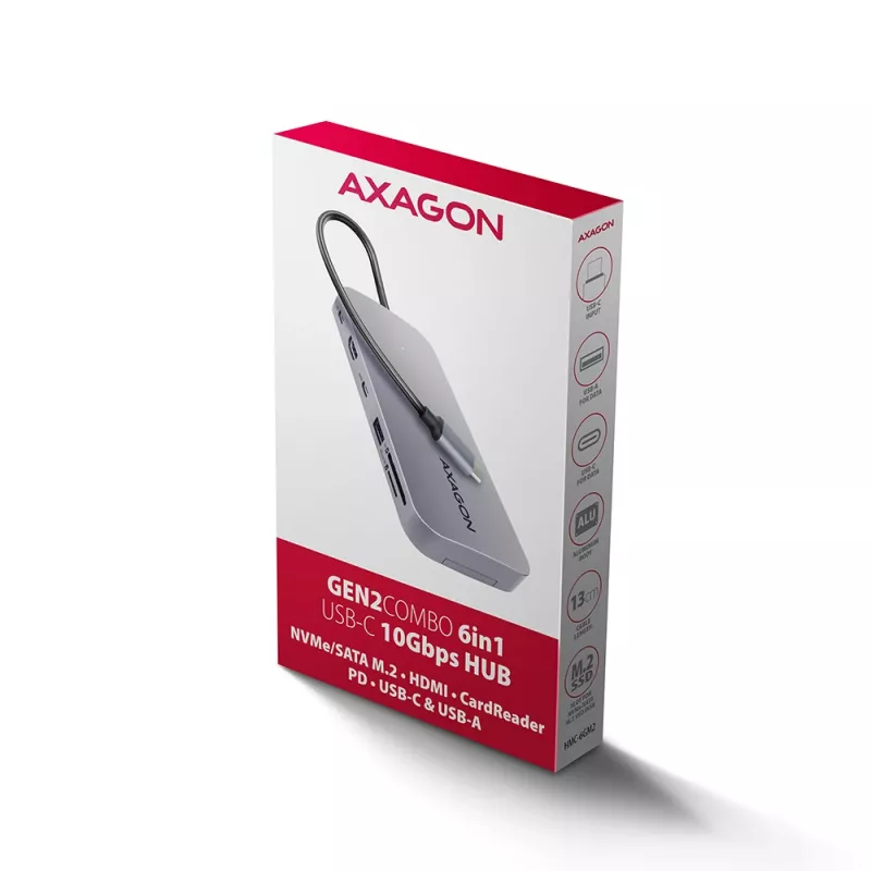 Axagon HMC-6GM2 Hub USB 10Gbps USB-A USB-C HDMI M.2 SD/mSD PD 100W cabo USB-C com fios USB 3.2 Gen 2 (3.1 Gen 2) Type-C cinzento
