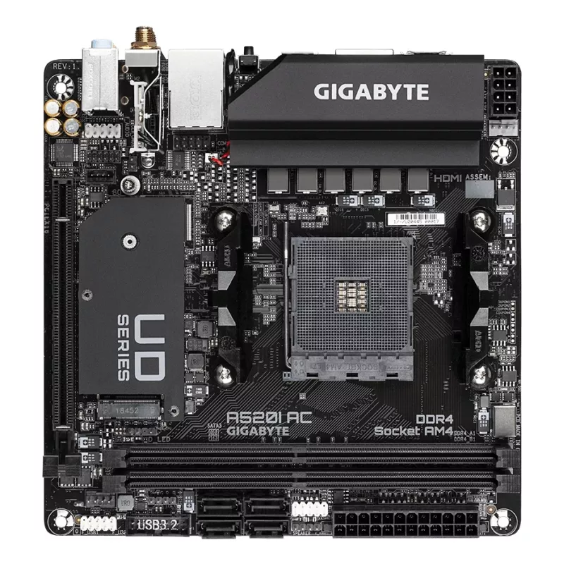 Placa-mãe GIGABYTE A520I AC - Suporta CPUs AMD Ryzen 5000 Series AM4, VRM digital de 6 fases, até 5300MHz DDR4 (OC), 1xPCIe 3.0 M.2, WLAN, GbE LAN, USB 3.2 Gen1