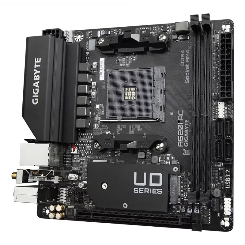 Placa-mãe GIGABYTE A520I AC - Suporta CPUs AMD Ryzen 5000 Series AM4, VRM digital de 6 fases, até 5300MHz DDR4 (OC), 1xPCIe 3.0 M.2, WLAN, GbE LAN, USB 3.2 Gen1
