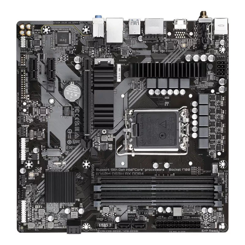 Placa-mãe GIGABYTE B760M DS3H AX DDR4 - Suporta CPUs Intel Core 14.ª Ger, VRM digital de 6+2+1 fases, até 5333 MHz DDR4 (OC), 2xPCIe 4.0 M.2, Wi-Fi 6E, 2,5 GbE LAN, USB 3.2 Gen2