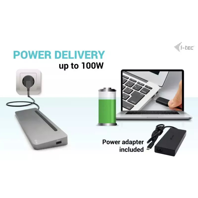 Docking station ergonómica i-tec USB-C em metal 3x 4K com Power Delivery 100 W + carregador universal 100 W