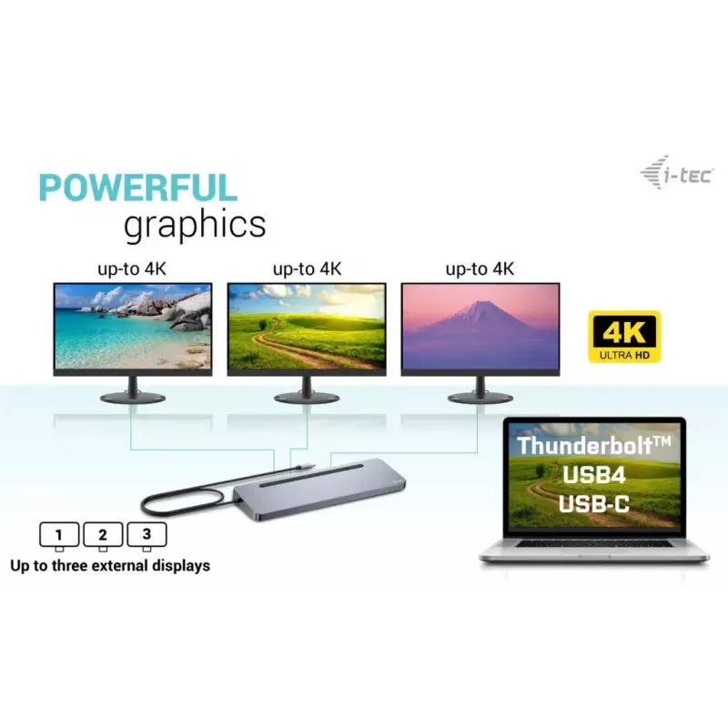 Docking station ergonómica i-tec USB-C em metal 3x 4K com Power Delivery 100 W + carregador universal 100 W