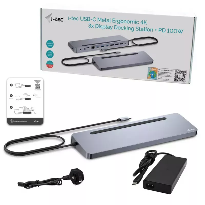 Docking station ergonómica i-tec USB-C em metal 3x 4K com Power Delivery 100 W + carregador universal 100 W