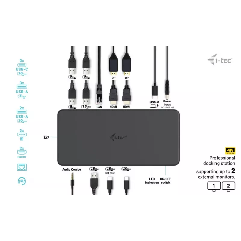 Docking station i-tec USB 3.0 / USB-C / Thunderbolt 3 Professional Dual 4K Display Geração 2 + Power Delivery 100W
