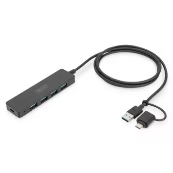 DIGITUS hub USB 3.0 4 portas Slimline com adaptador USB-C 5Gbps cabo de 1m