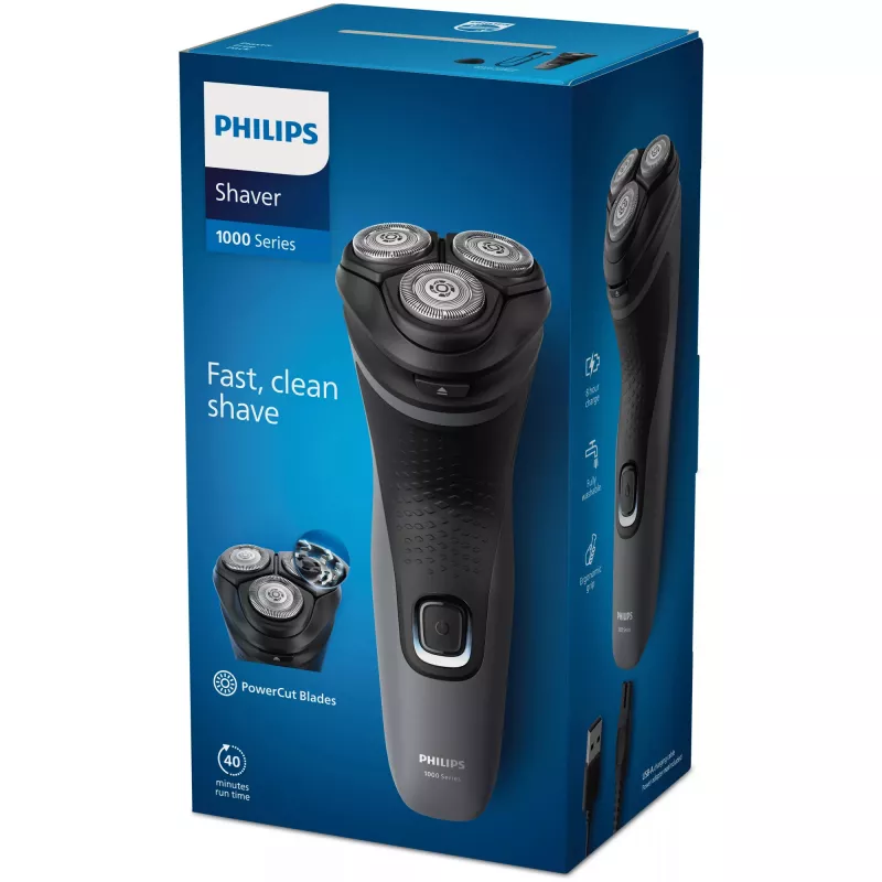 Máquina de barbear Philips Shaver 1000 Series S1142/00, máquina de barbear rotativa, preto, cinzento, sistema de lâminas PowerCut, SH30, 2 ano(s), bateria