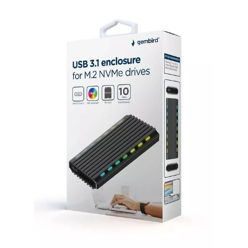 GEMBIRD EE2280-U3C-03 caixa externa para SSD M.2 NVMe/SATA, USB 3.1 Gen 2 (10 Gbit/s), USB Type-C, RGB, alumínio