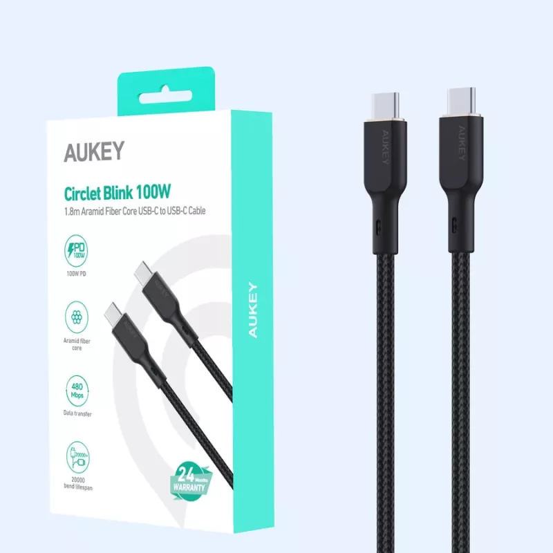 Cabo USB AUKEY CB-KCC102 1,8 m USB-C preto 0,48 Gbit/s