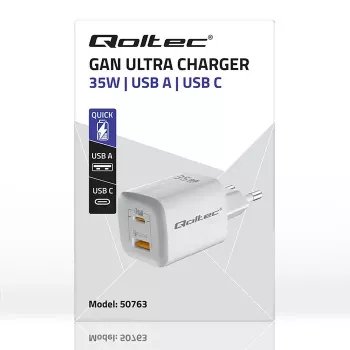 Carregador QOLTEC 50763 — carregador rápido AC de interior 35W, USB-C PD 3.0 + USB-A, 5–20V, branco