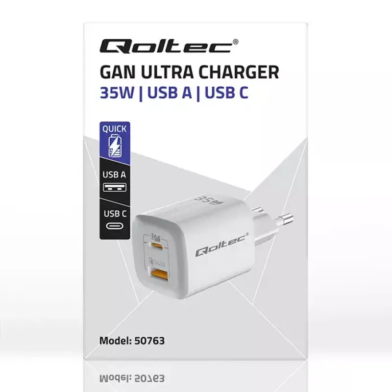 Carregador QOLTEC 50763 — carregador rápido AC de interior 35W, USB-C PD 3.0 + USB-A, 5–20V, branco