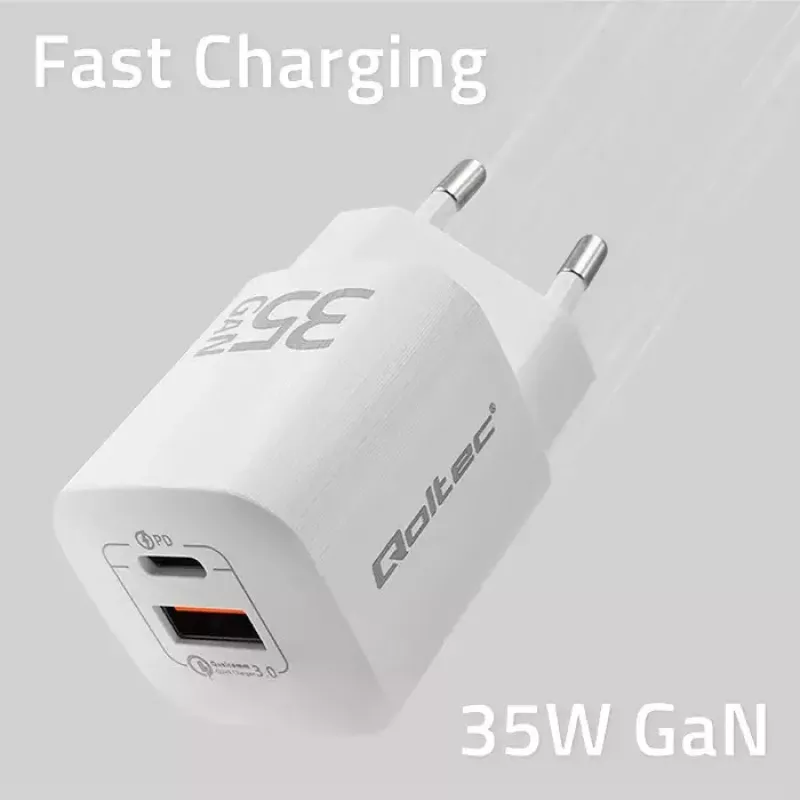 Carregador QOLTEC 50763 — carregador rápido AC de interior 35W, USB-C PD 3.0 + USB-A, 5–20V, branco