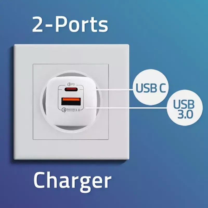 Carregador QOLTEC 50763 — carregador rápido AC de interior 35W, USB-C PD 3.0 + USB-A, 5–20V, branco