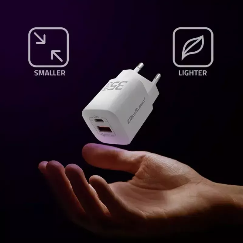 Carregador QOLTEC 50763 — carregador rápido AC de interior 35W, USB-C PD 3.0 + USB-A, 5–20V, branco