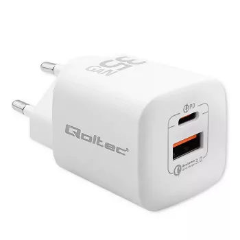 Carregador QOLTEC 50763 — carregador rápido AC de interior 35W, USB-C PD 3.0 + USB-A, 5–20V, branco