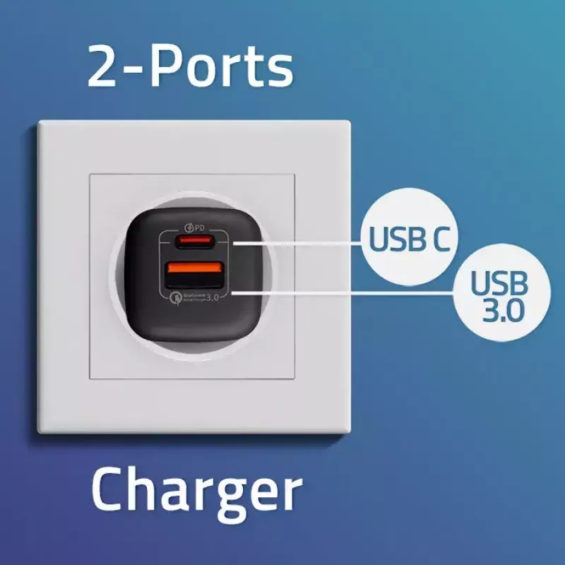 Carregador rápido AC de interior QOLTEC 50764 USB-C 35W PD 3.0 + USB-A, 5–20V, ficha europeia Type-C
