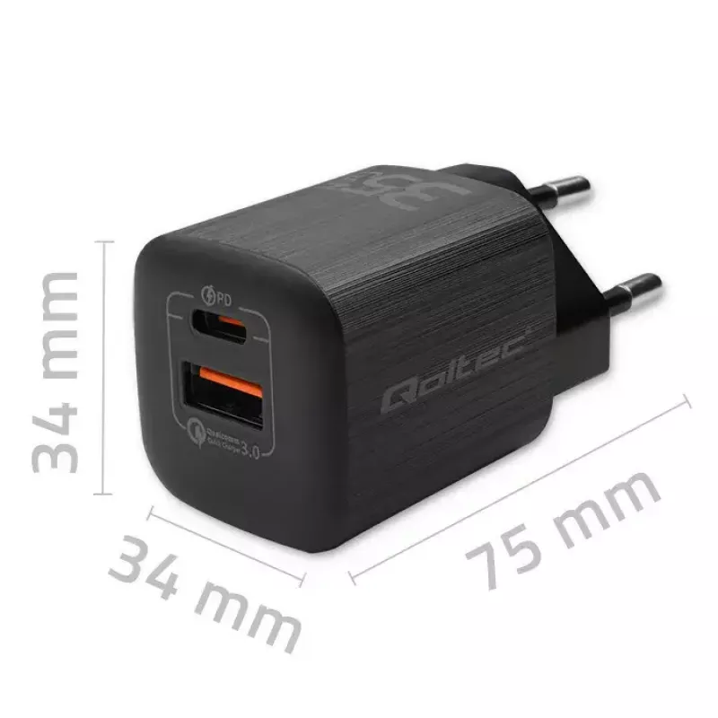 Carregador rápido AC de interior QOLTEC 50764 USB-C 35W PD 3.0 + USB-A, 5–20V, ficha europeia Type-C