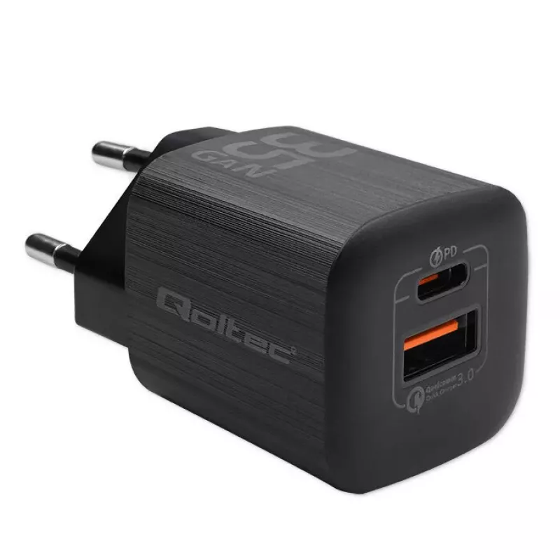 Carregador rápido AC de interior QOLTEC 50764 USB-C 35W PD 3.0 + USB-A, 5–20V, ficha europeia Type-C
