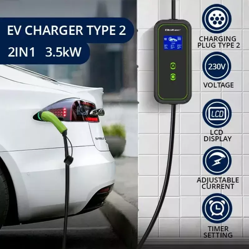Carregador de parede para veículo elétrico QOLTEC Carregador móvel 52470 Type 2 3,5 kW 230 V com LCD