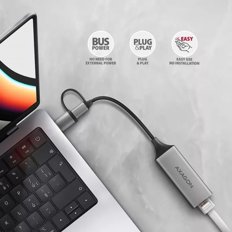 Adaptador Axagon ADE-TXCA USB-C + USB-A 3.2 Gen 1 - Gigabit Ethernet, Asix AX88179