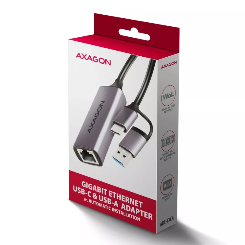 Adaptador Axagon ADE-TXCA USB-C + USB-A 3.2 Gen 1 - Gigabit Ethernet, Asix AX88179