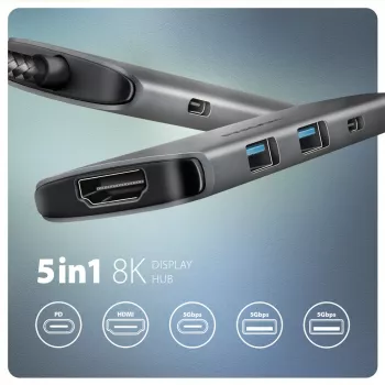 Hub Axagon HMC-5H8K USB 5Gbps 2x USB-A USB-C HDMI 8k/30Hz PD 100W cabo USB-C com fio USB 3.2 Gen 1 (3.1 Gen 1) Type-C cinzento