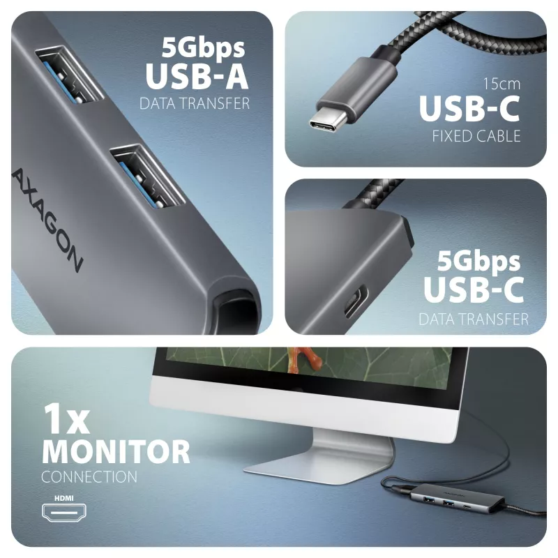 Hub Axagon HMC-5H8K USB 5Gbps 2x USB-A USB-C HDMI 8k/30Hz PD 100W cabo USB-C com fio USB 3.2 Gen 1 (3.1 Gen 1) Type-C cinzento
