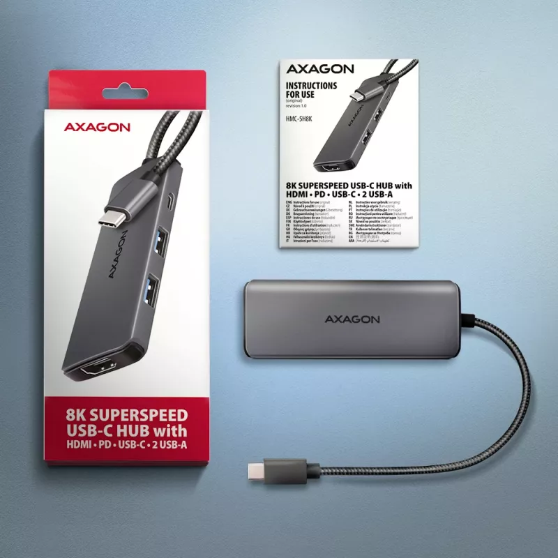 Hub Axagon HMC-5H8K USB 5Gbps 2x USB-A USB-C HDMI 8k/30Hz PD 100W cabo USB-C com fio USB 3.2 Gen 1 (3.1 Gen 1) Type-C cinzento