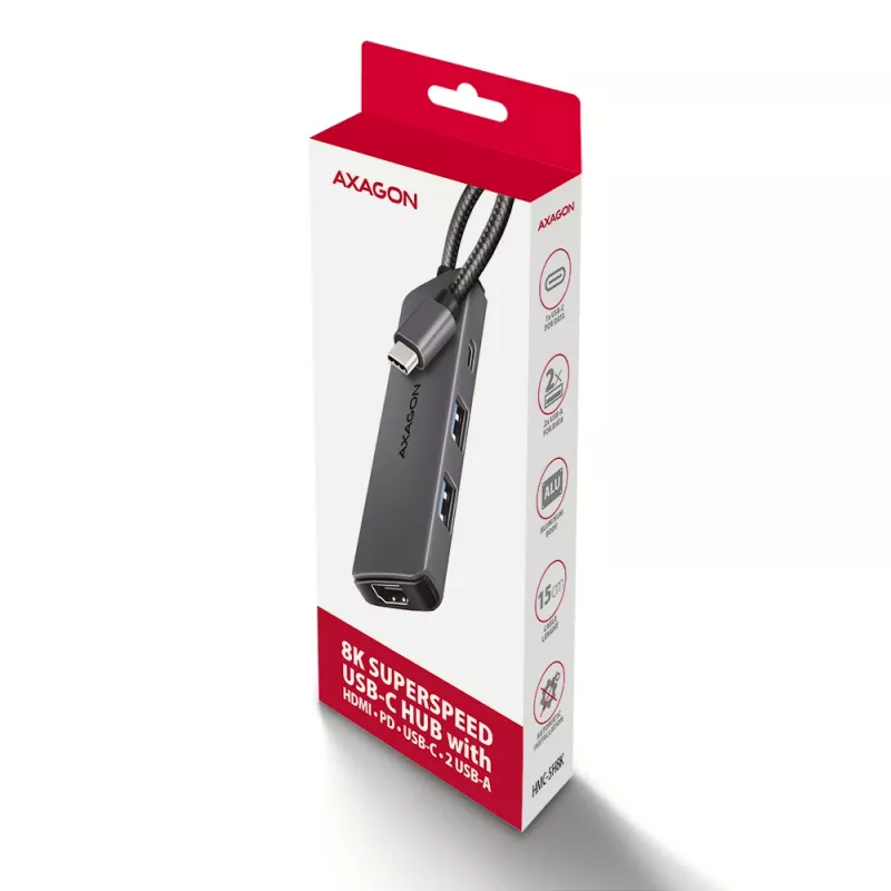 Hub Axagon HMC-5H8K USB 5Gbps 2x USB-A USB-C HDMI 8k/30Hz PD 100W cabo USB-C com fio USB 3.2 Gen 1 (3.1 Gen 1) Type-C cinzento
