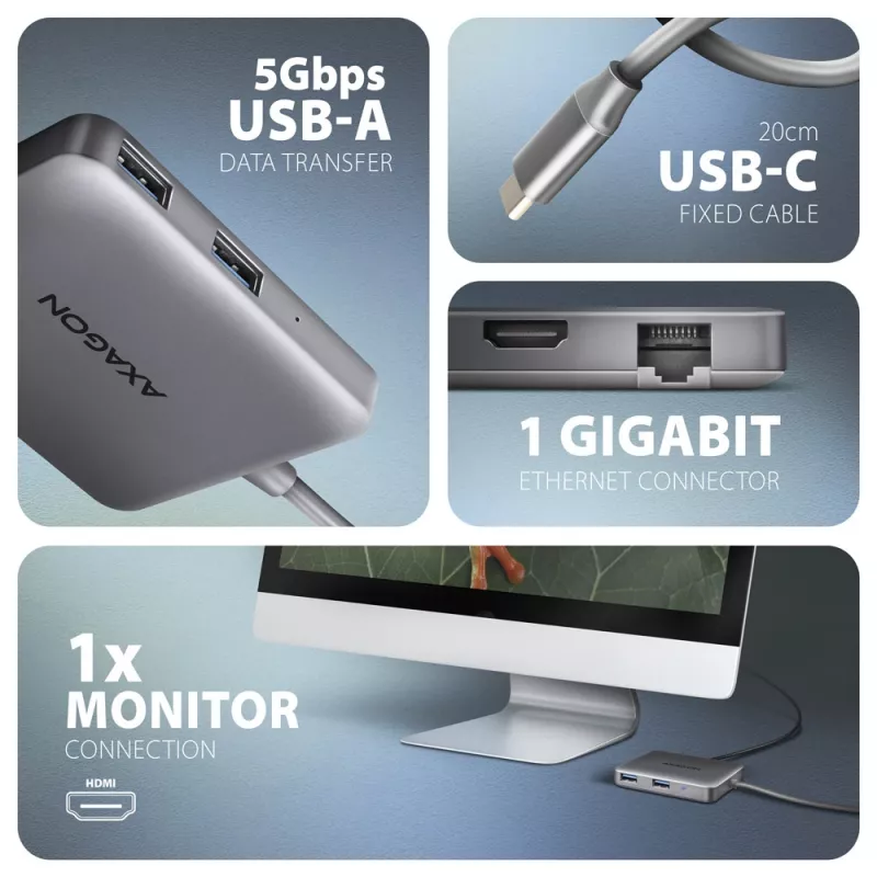 Hub Axagon HMC-5HL USB 5Gbps, 2x USB-A, HDMI 4K/60Hz, RJ-45, PD 100W, cabo USB-C de 20cm