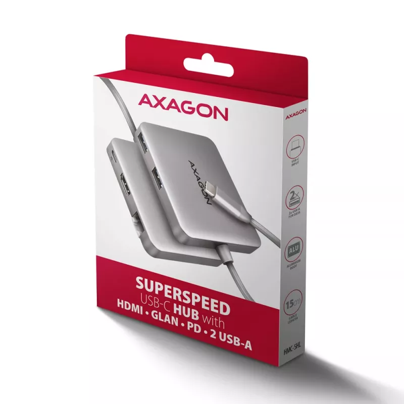 Hub Axagon HMC-5HL USB 5Gbps, 2x USB-A, HDMI 4K/60Hz, RJ-45, PD 100W, cabo USB-C de 20cm
