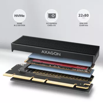 Adaptador Axagon PCEM2-XS PCIe x16 - M.2 NVMe M-Key, com dissipador de alumínio passivo