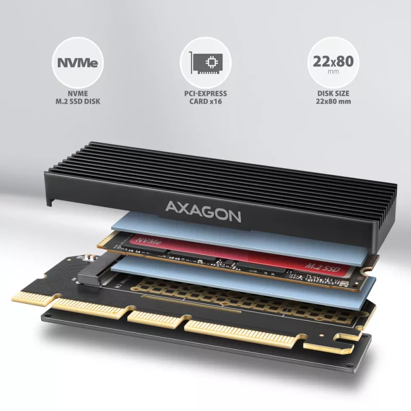 Adaptador Axagon PCEM2-XS PCIe x16 - M.2 NVMe M-Key, com dissipador de alumínio passivo