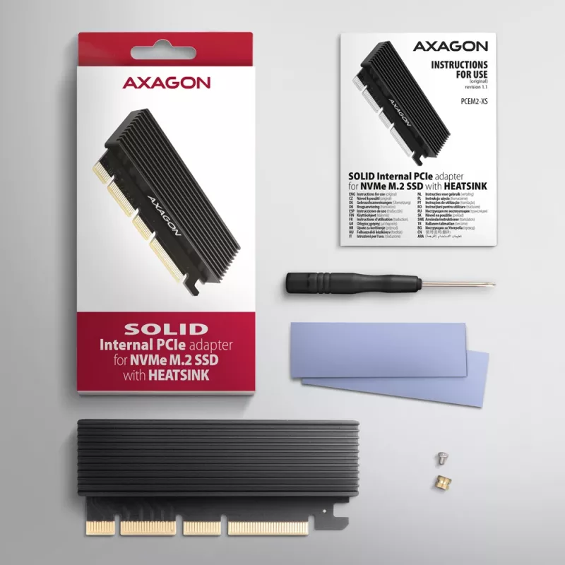 Adaptador Axagon PCEM2-XS PCIe x16 - M.2 NVMe M-Key, com dissipador de alumínio passivo